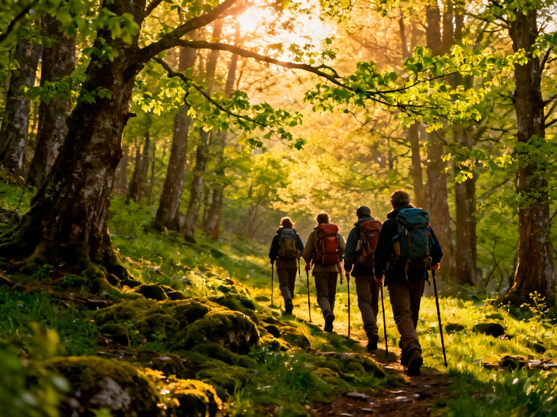 Grupo de peregrinos caminando por un bosque frondoso y soleado en Galicia durante el mes de mayo, cerca de O Pedrouzo