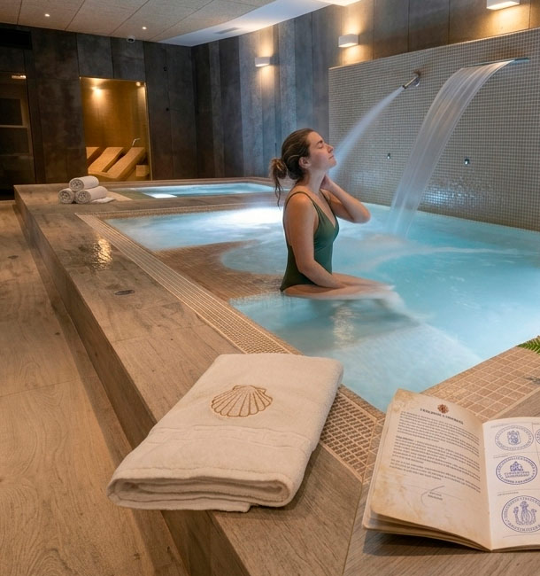 Peregrina disfrutando de un masaje de agua en el spa del Albergue Cruceiro de Pedrouzo para recuperar los pies cansados